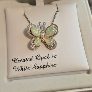 Opal and white sapphire butterfly necklace